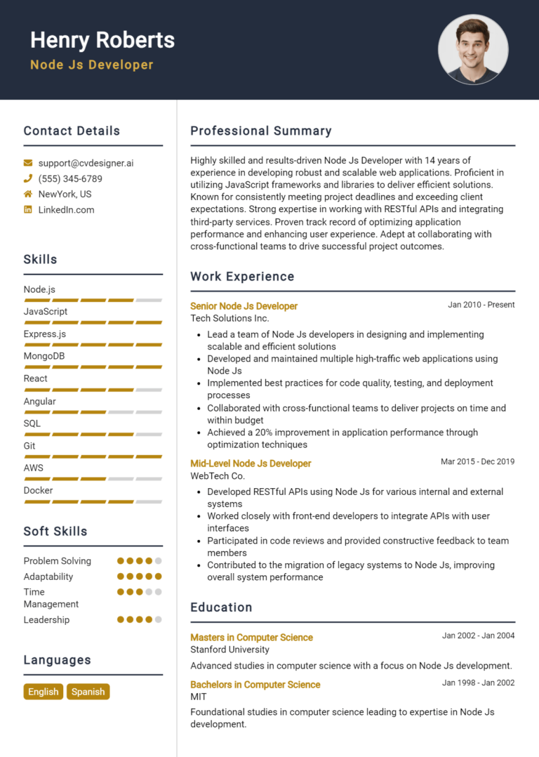 12 Node JS Developer CV Example for 2025: Free Professional Templates