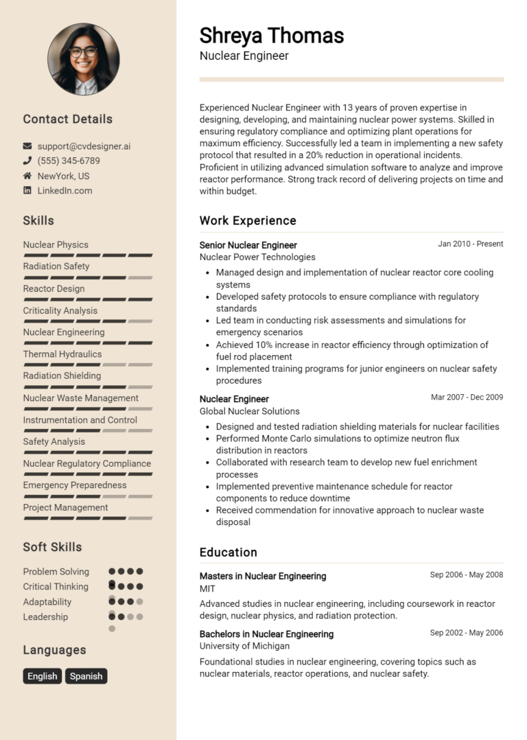 Nuclear Engineer Resume Example for 2025: Best Writing Guide