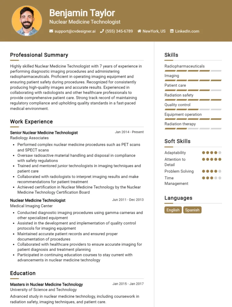 Nuclear Medicine Technologist CV Example For 2025: Professional CV Templates