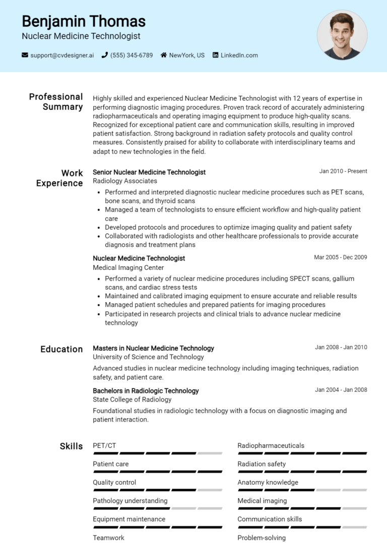 Nuclear Medicine Technologist Resume Example for 2025: Ultimate Guide