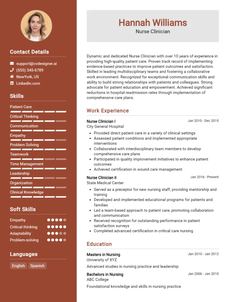 Nurse Clinician CV Example For 2025: How to Create a Professional CV