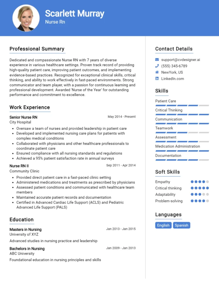 Nurse RN CV Example For 2025: Free Downloadable Templates