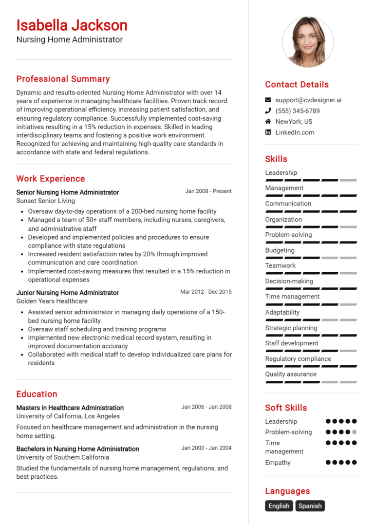 Nursing Home Administrator Resume Example for 2025: Professional CV Templates