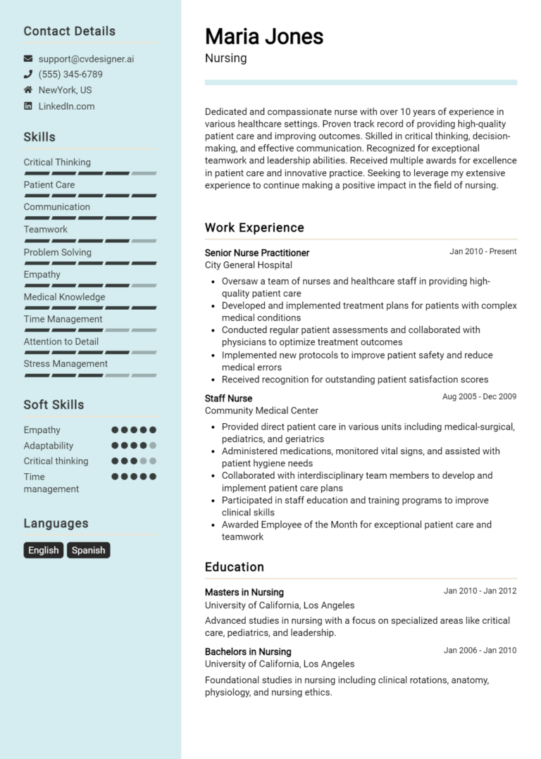 24 Nursing CV Example for 2025: Free Professional Templates