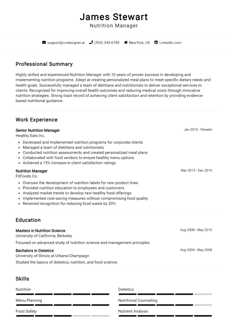 Nutrition Manager Resume Example for 2025: Professional CV Templates