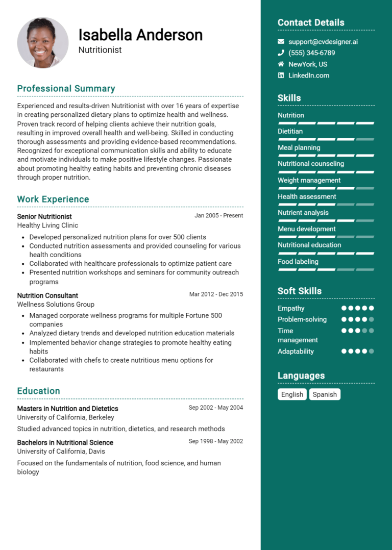 Nutritionist Resume Example for 2025: Free Professional Templates