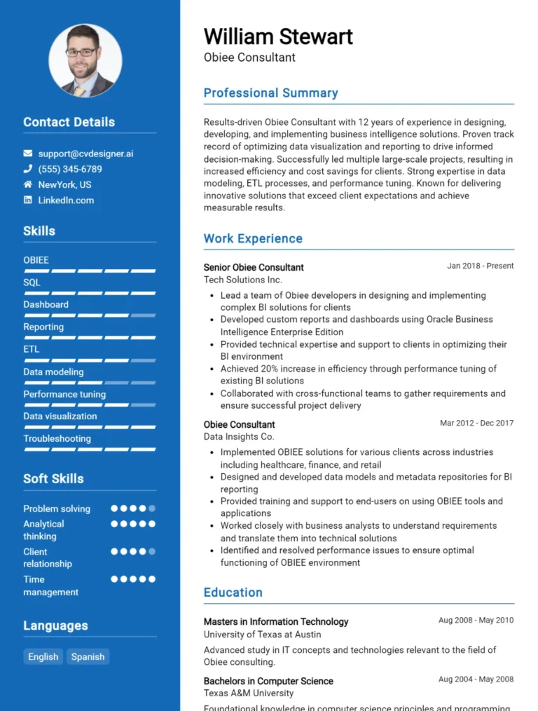Obiee Consultant CV Example For 2025: Expert Tips & Templates