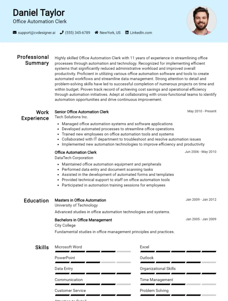 Office Automation Clerk CV Example For 2025: Professional CV Templates