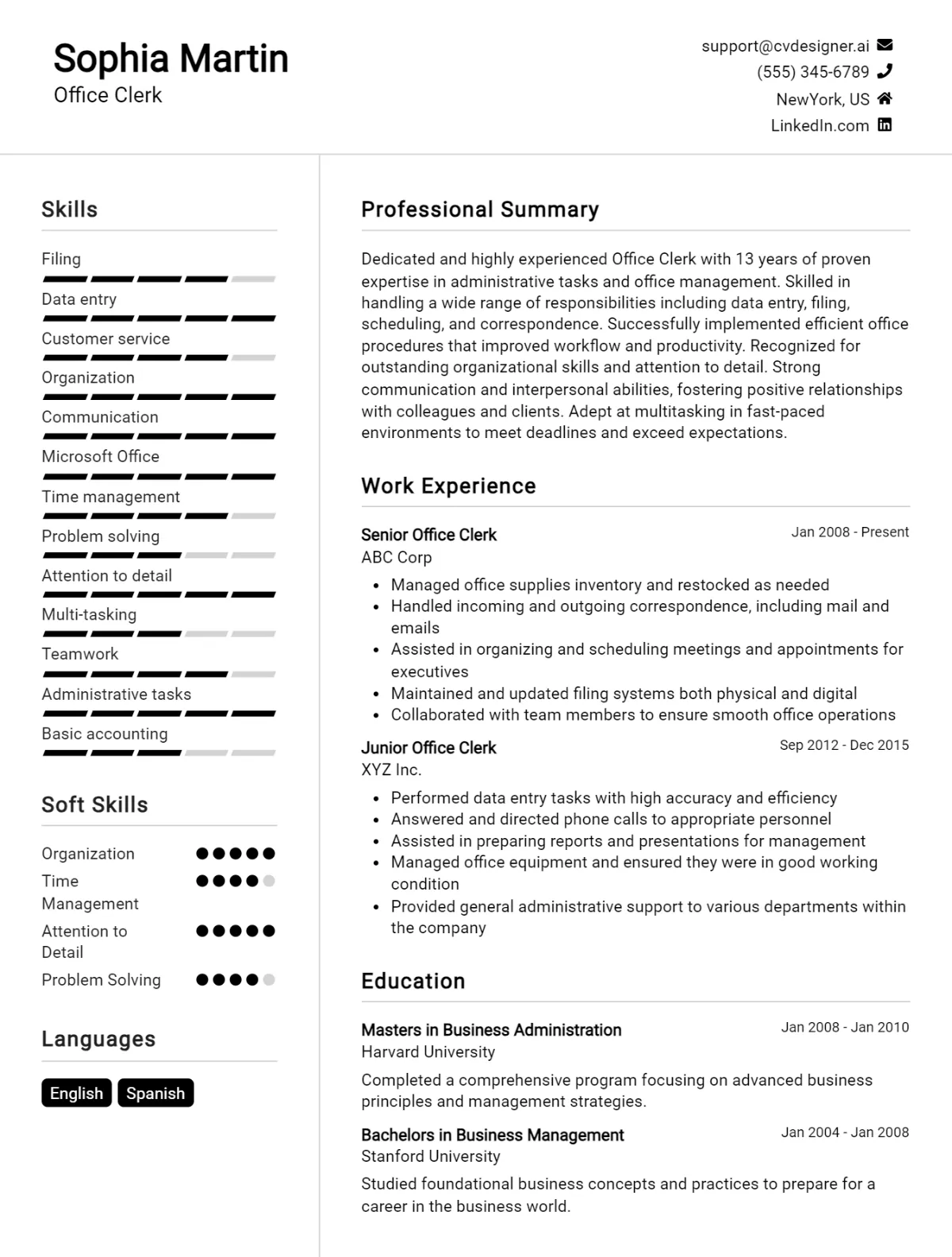 26 Office Clerk CV Examples And Free Templates For 2024 - CVDesigner.ai