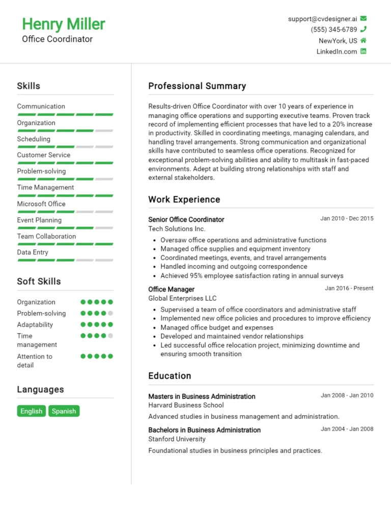 14 Office Coordinator CV Examples And Templates For 2025