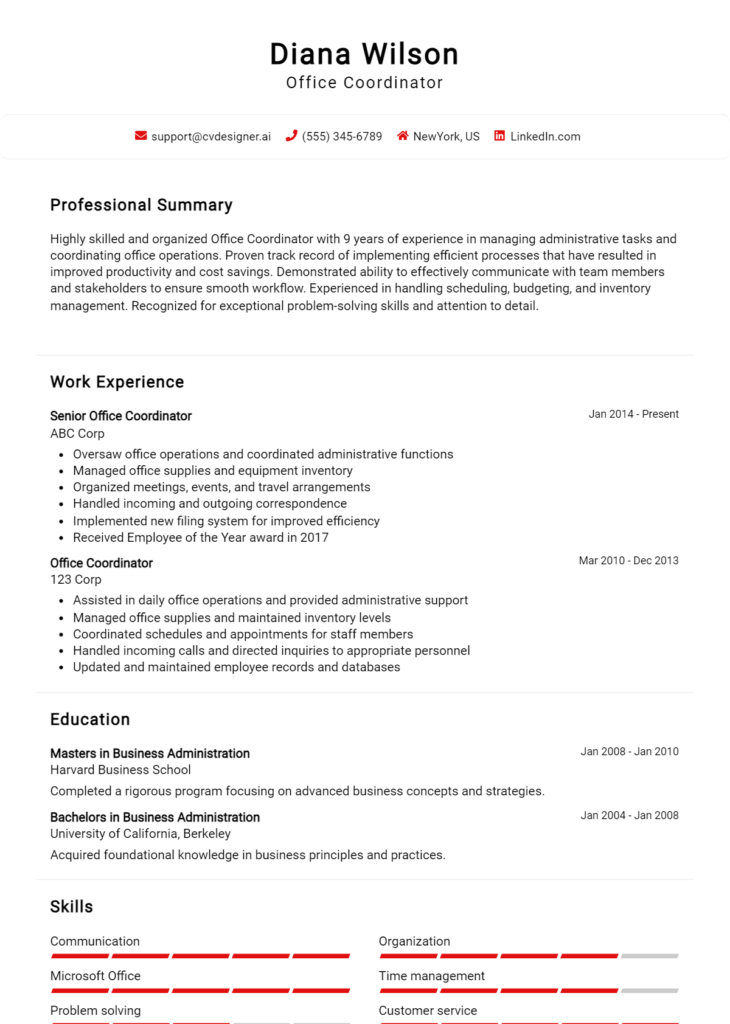 Office Coordinator Resume Example