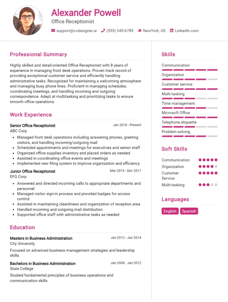 Office Receptionist CV Example For 2025: Effective CV Writing Tips