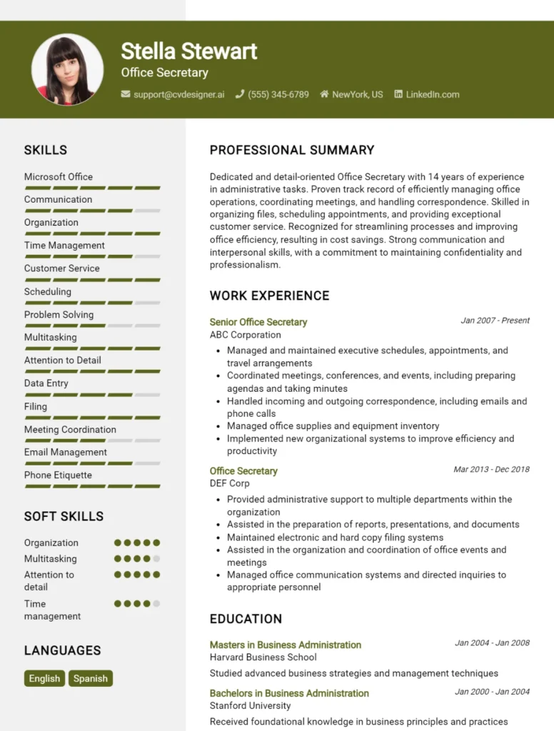 Office Secretary CV Example