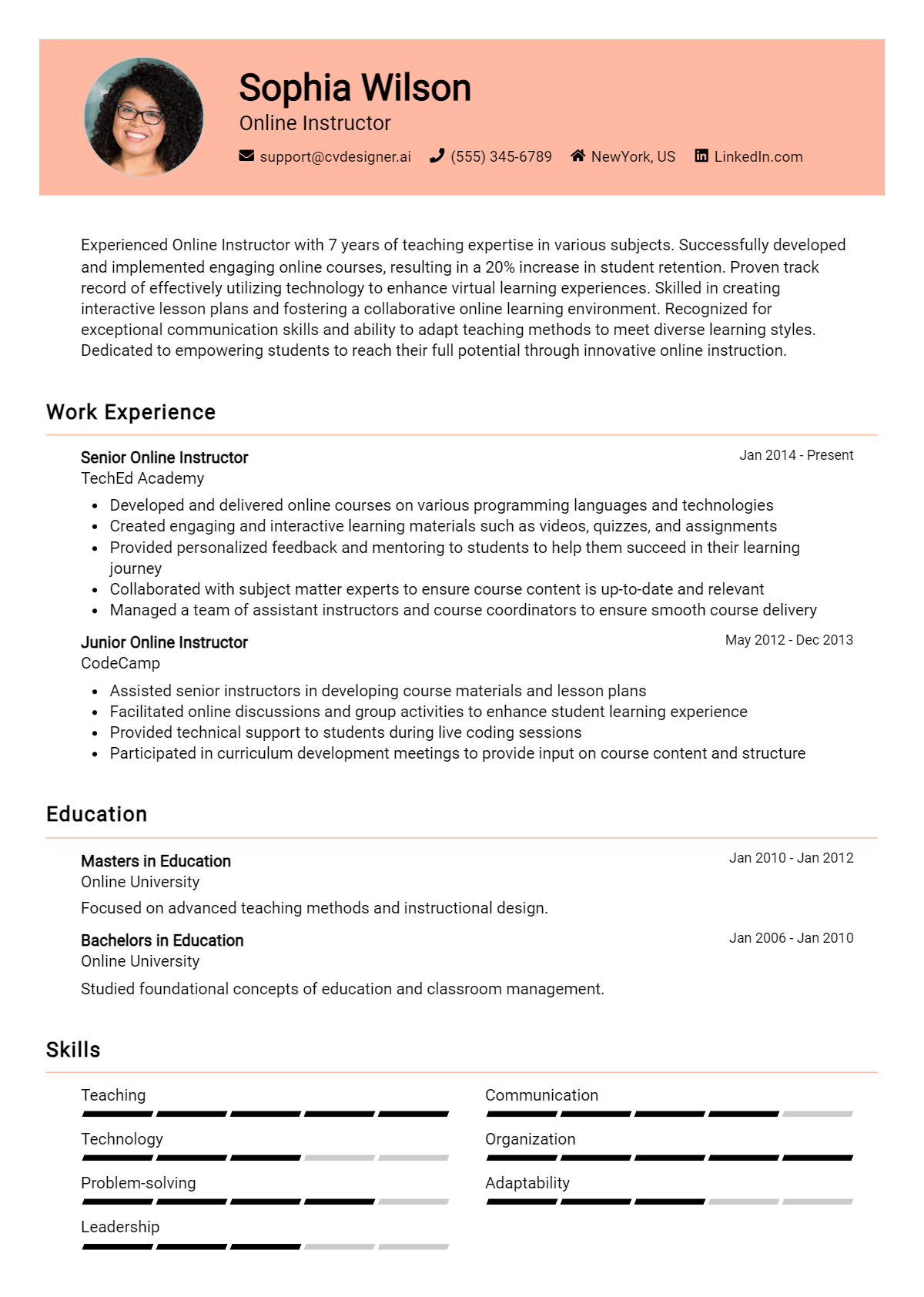 Online Instructor Resume Example