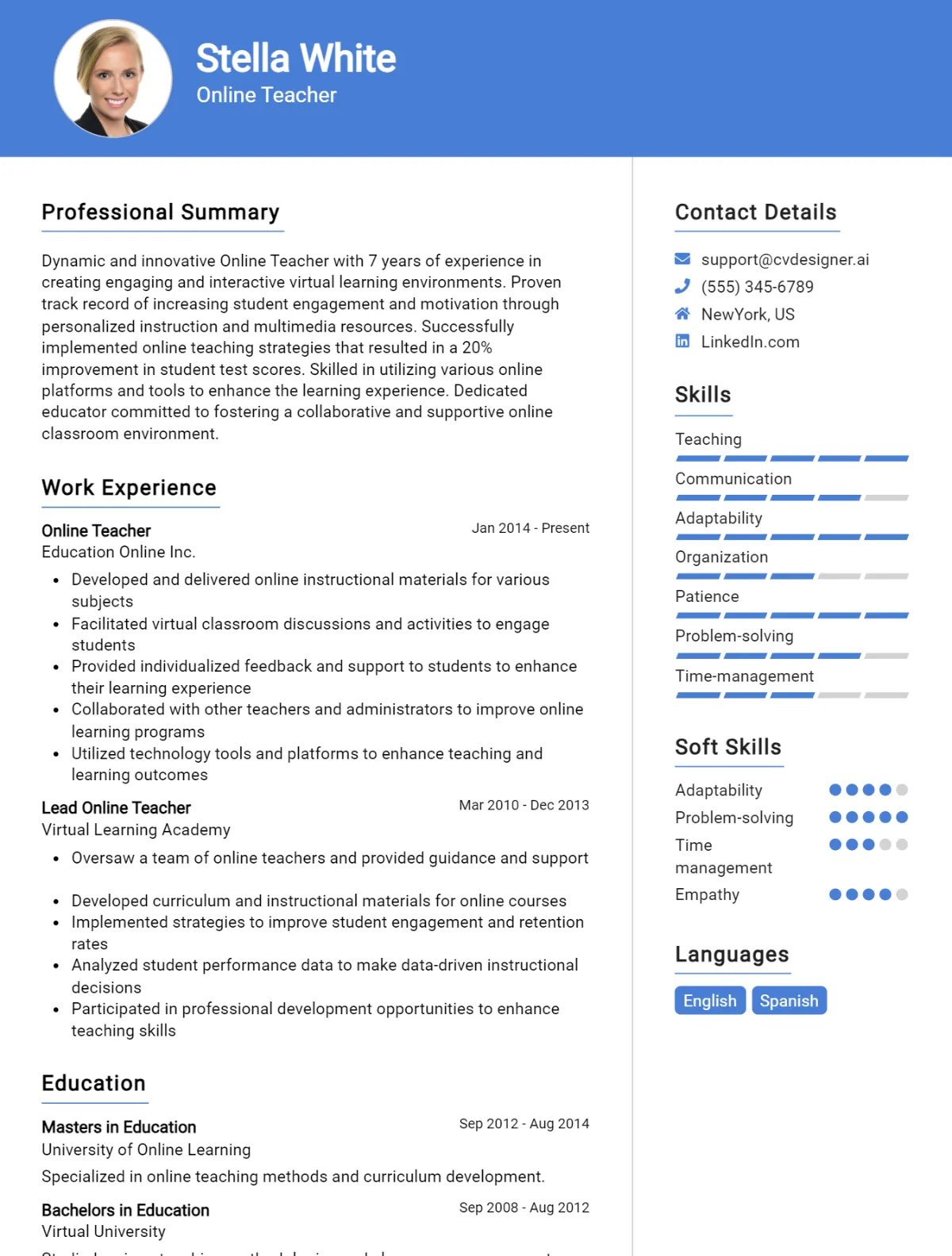 Online Teacher CV Example