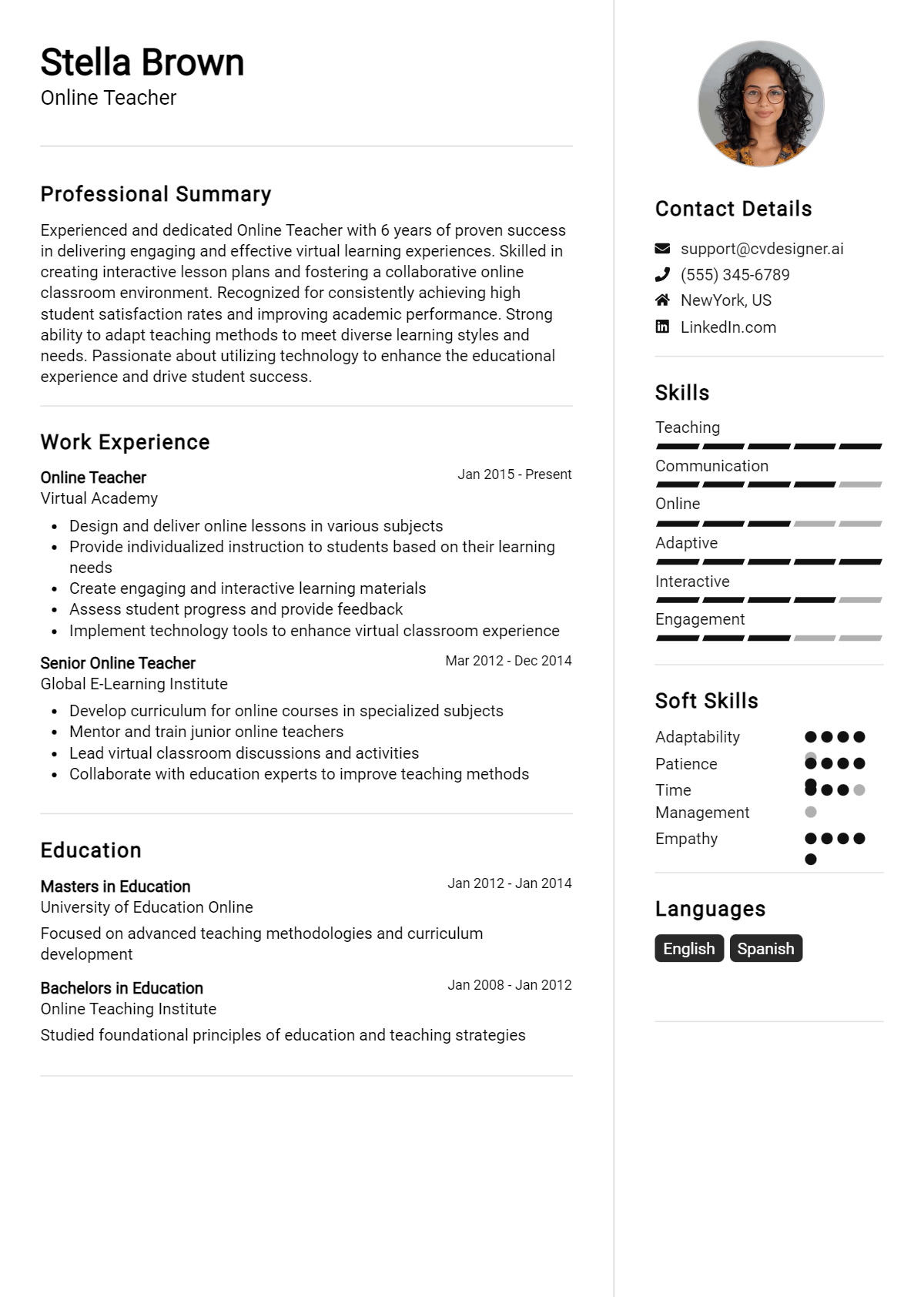 Online Teacher Resume Example
