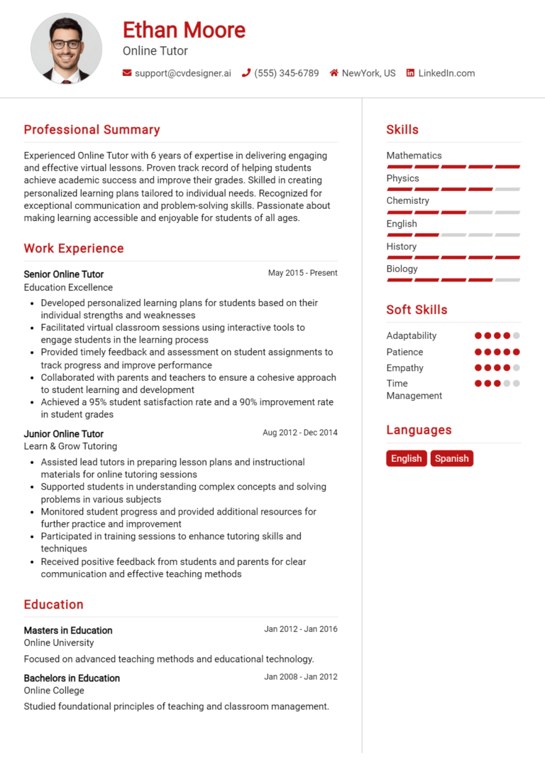 Online Tutor Resume Example for 2025: Top CV Skills