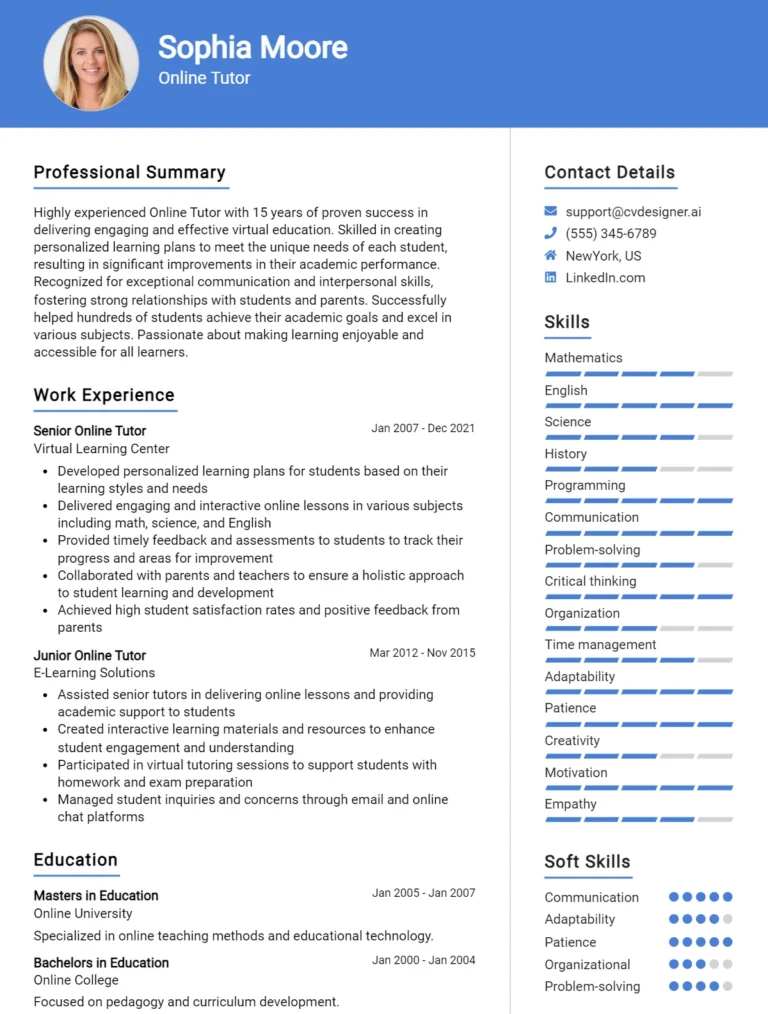 10 Online Tutor CV Examples And Templates For 2025