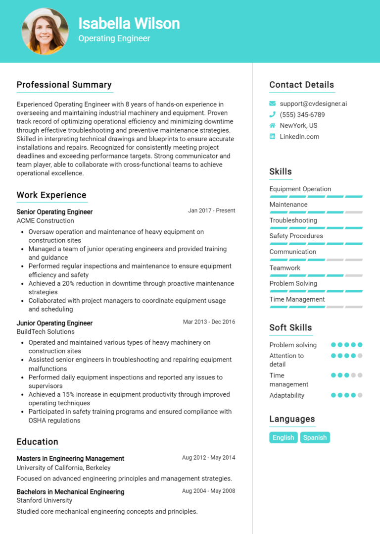 Operating Engineer Resume Example for 2025: Professional CV Templates