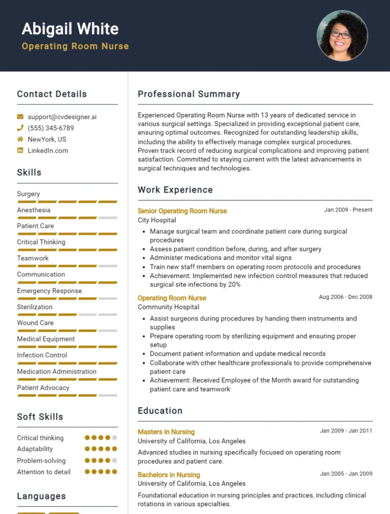 Operating Room Nurse CV Example For 2025: Free Downloadable Templates