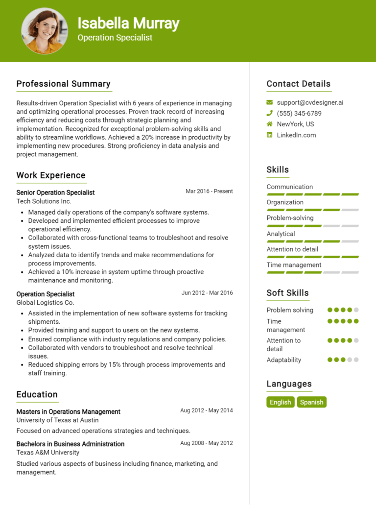 Operation Specialist Resume Example for 2025: Proven Tips & Templates