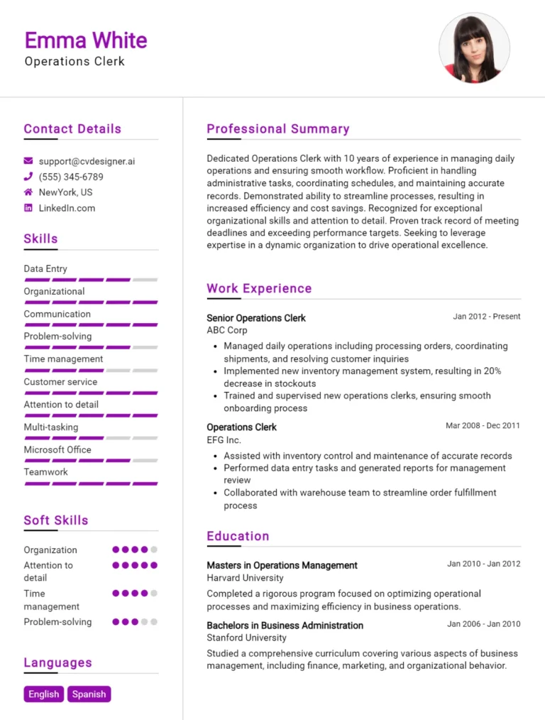 18 Operations Clerk CV Examples And Free Templates For 2025