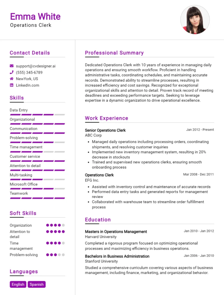 Operations Clerk CV Example