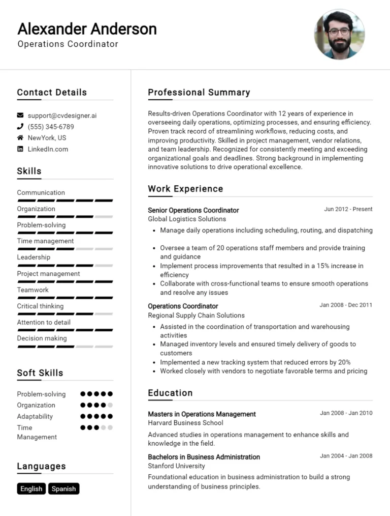 Operations Coordinator CV Example For 2025: Top CV Skills