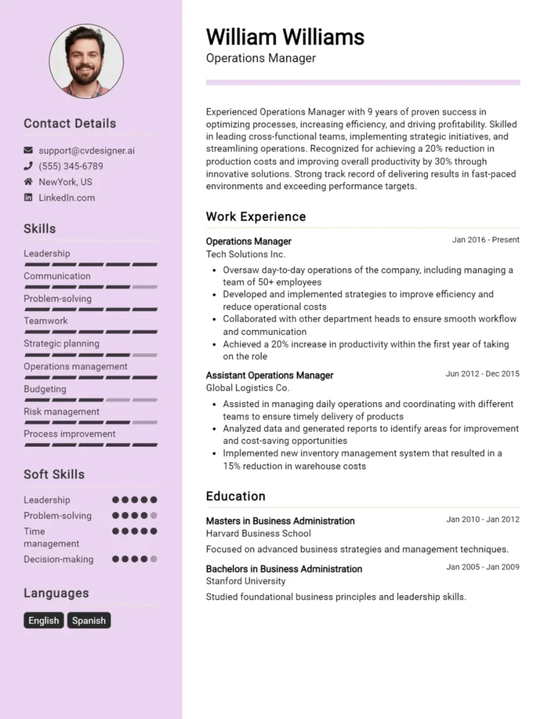 Operations Manager CV Example For 2025: Professional CV Templates