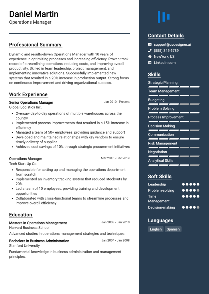 Operations Manager Resume Example