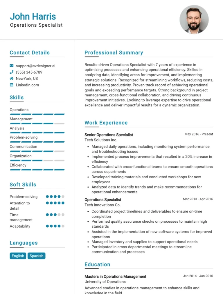 Operations Specialist CV Example For 2025: Professional CV Templates
