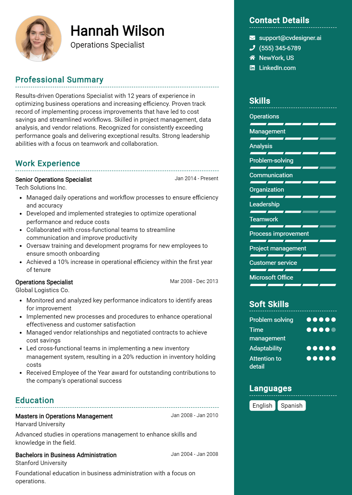 Operations Specialist Resume Example