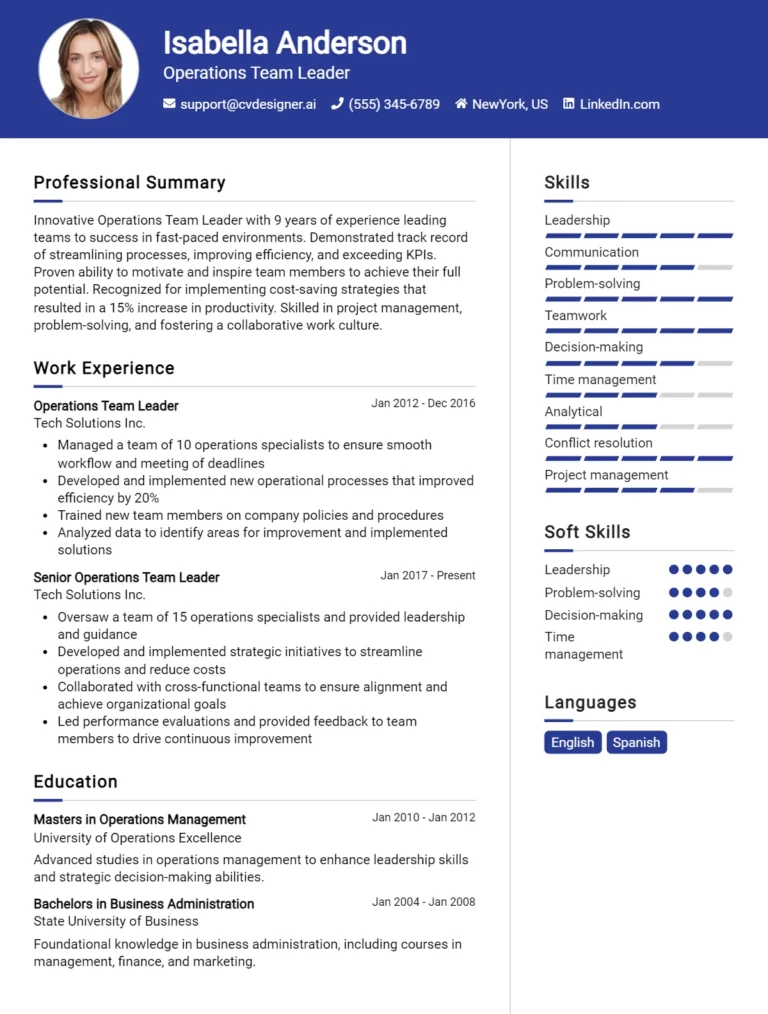 Operations Team Leader CV Example For 2025: Samples & Best Practices