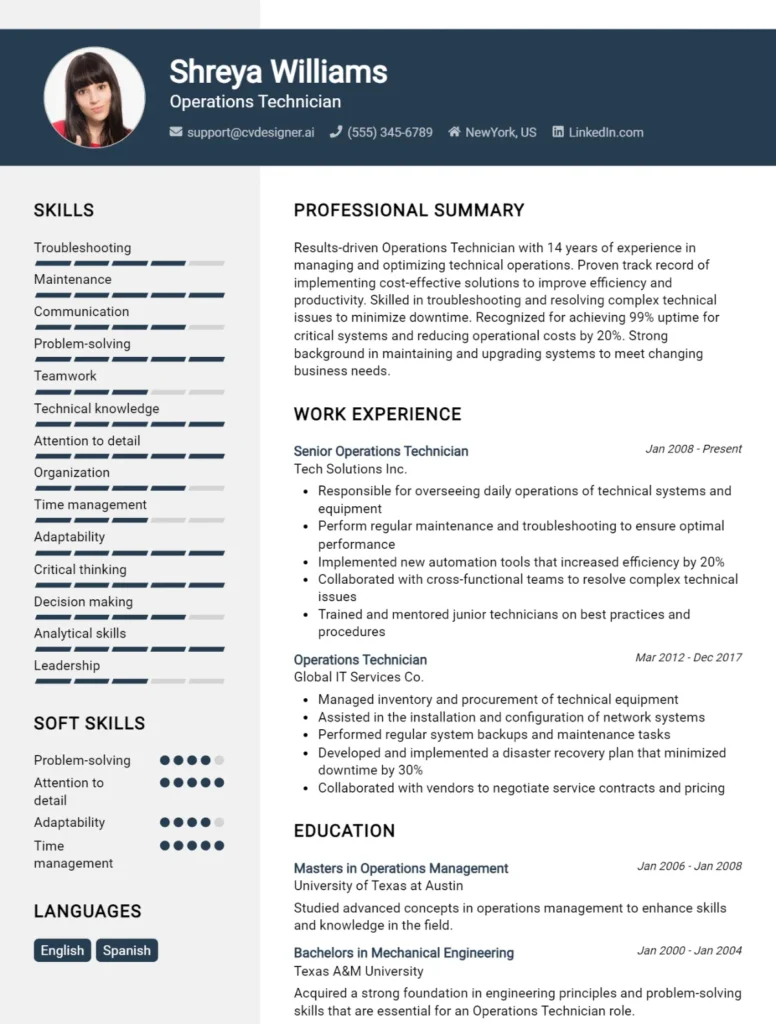 Operations Technician CV Example