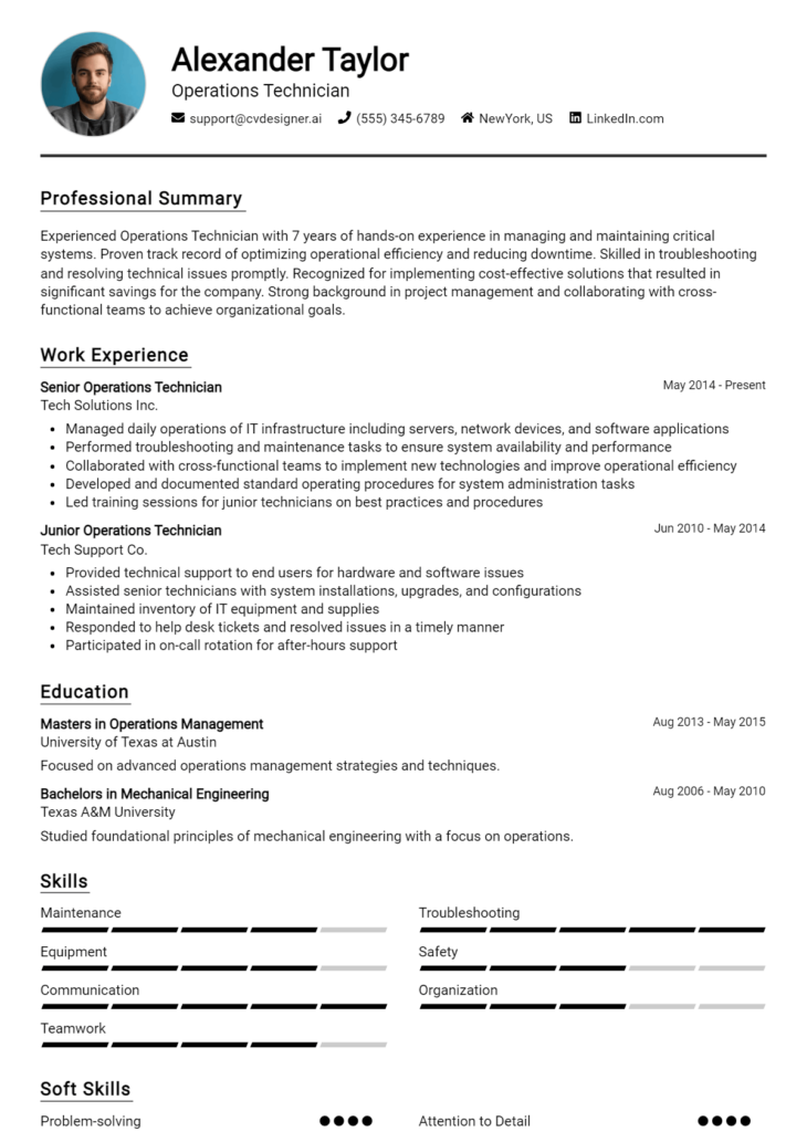 Operations Technician Resume Example