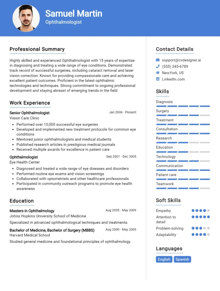 Ophthalmologist CV Example For 2025: How to Create a Professional CV
