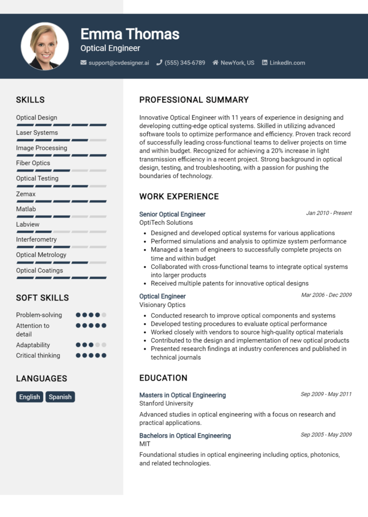 Optical Engineer Resume Example