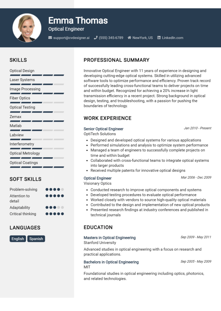 Optical Engineer Resume Example for 2025: Tips & Templates