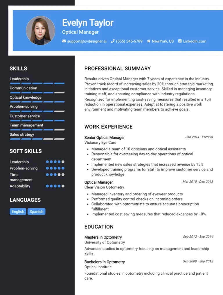 Optical Manager CV Example For 2025: Proven Tips & Templates