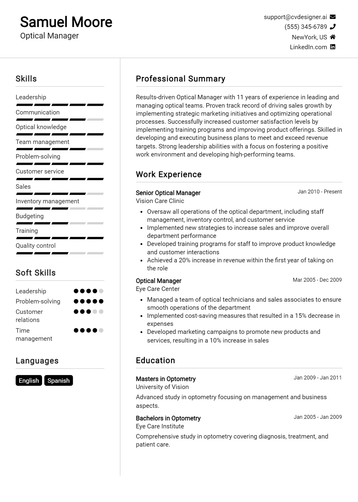 Optical Manager Resume Example