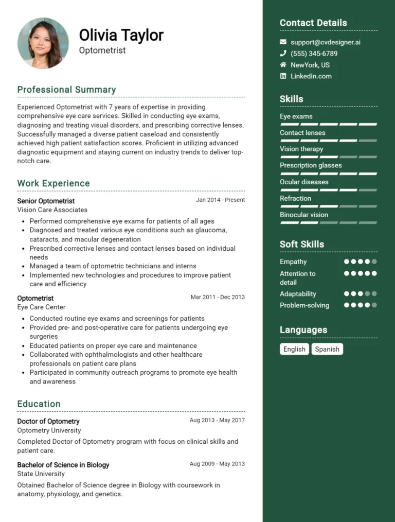 Optometrist CV Example For 2025: Effective CV Writing Tips