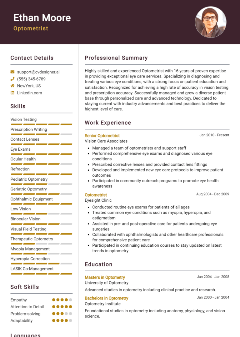 Optometrist Resume Example for 2025: Strategies & Templates