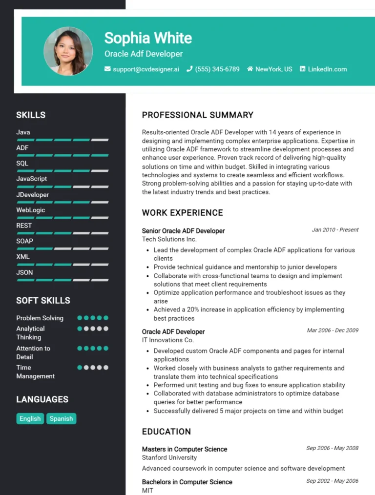 Oracle ADF Developer CV Example For 2025: Professional CV Templates