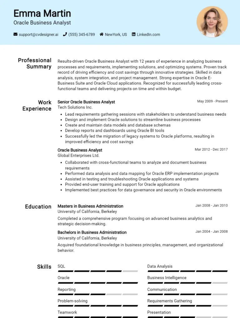 Oracle Business Analyst CV Example For 2025: Examples & Free Templates
