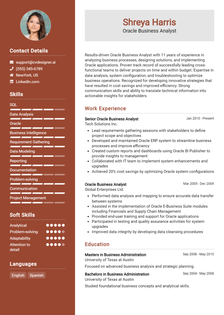 Oracle Business Analyst Resume Example for 2025: Effective Tips