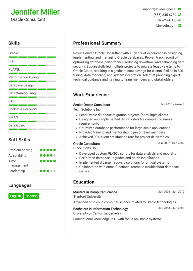 Oracle Consultant Resume Example for 2025: Resume Guide