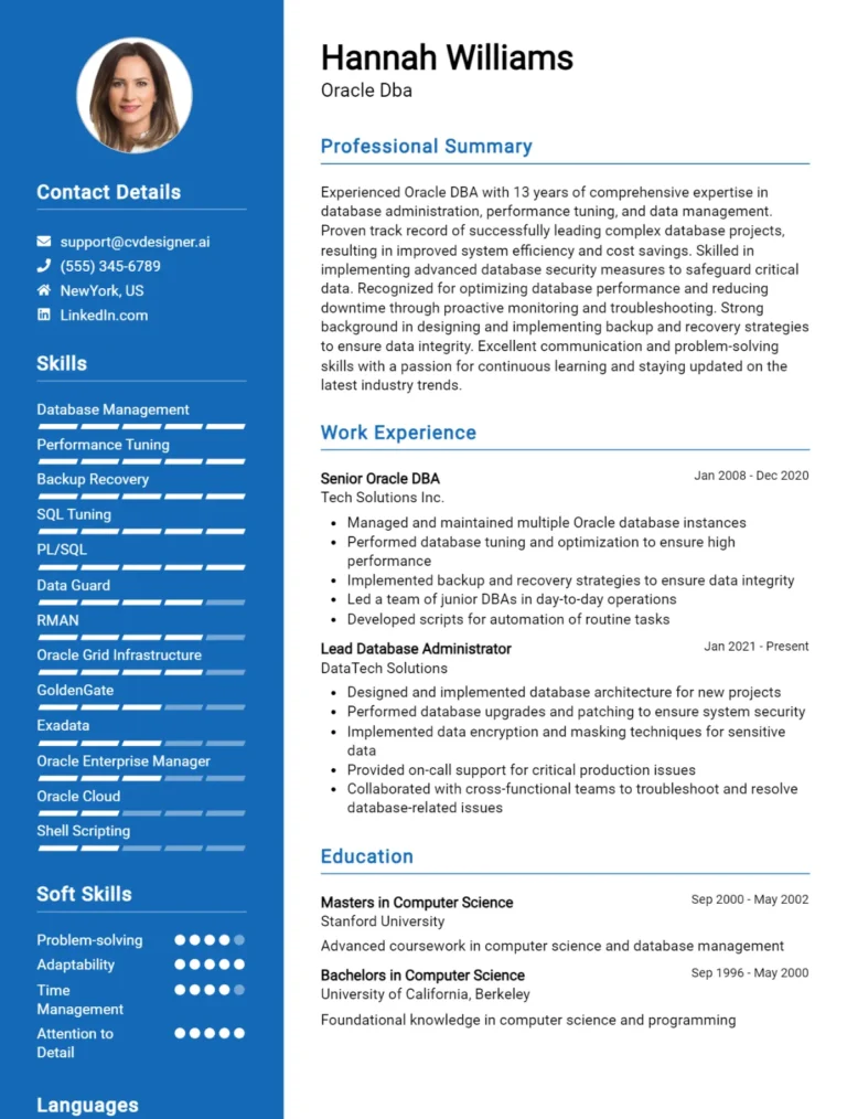 Oracle DBA CV Example For 2025: Best Writing Guide