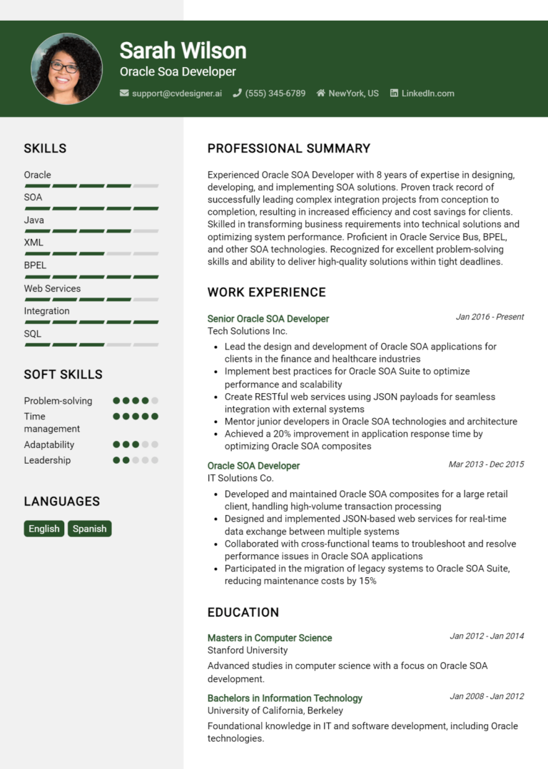 Oracle Soa Developer Resume Example for 2025: Downloadable Templates
