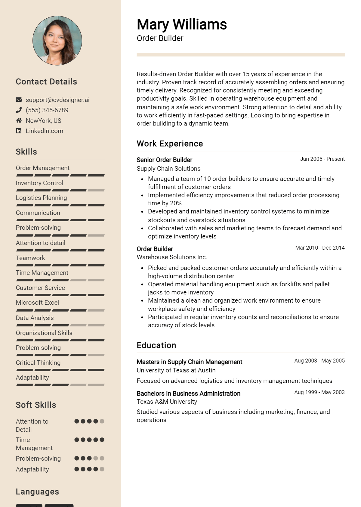 Order Builder Resume Example