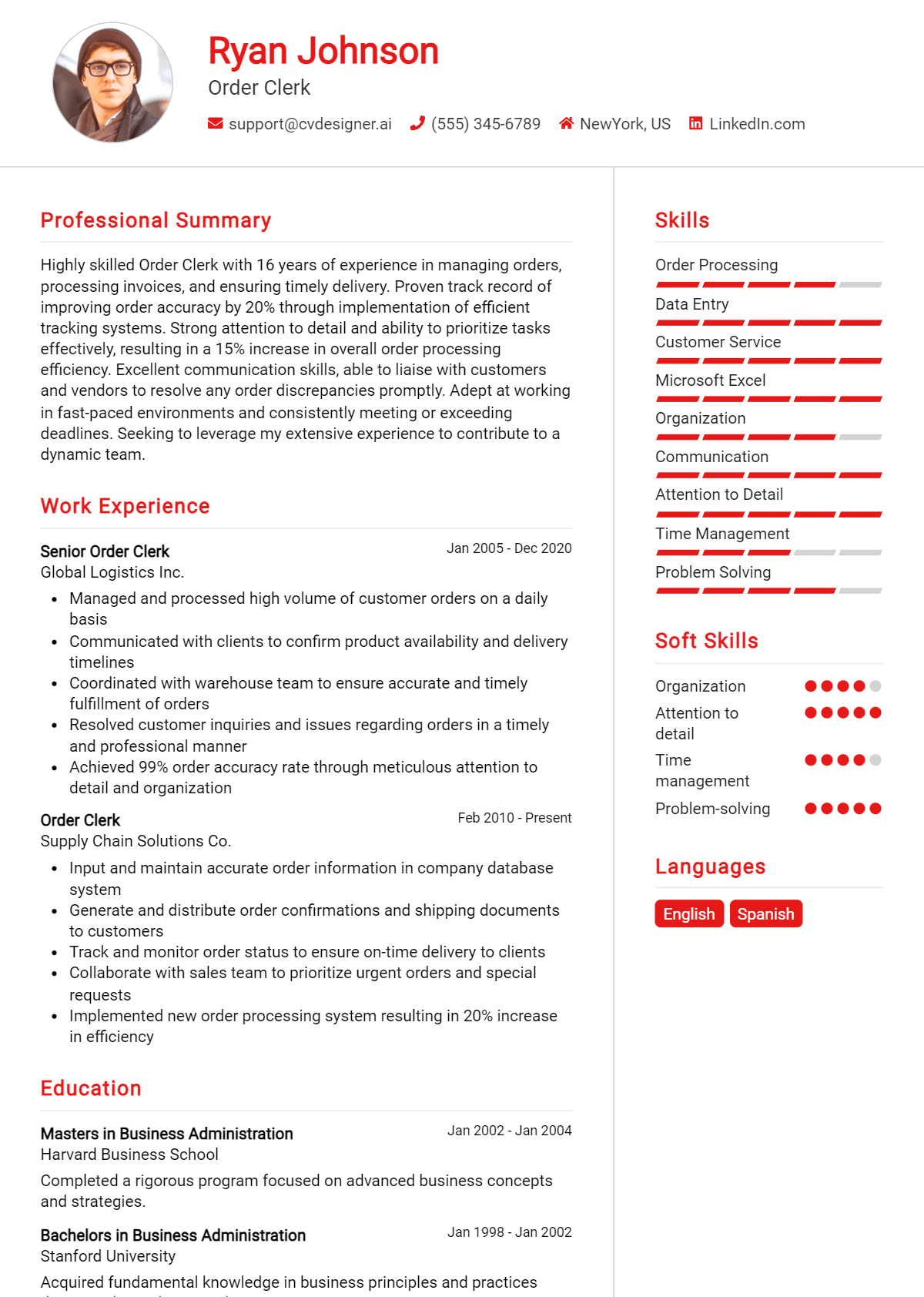 Order Clerk Resume Example